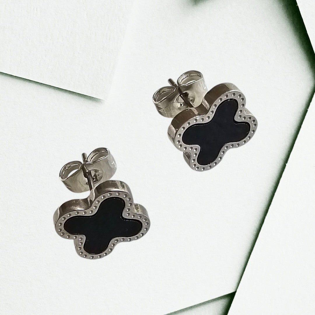 Black Flower Silver Stud Earrings