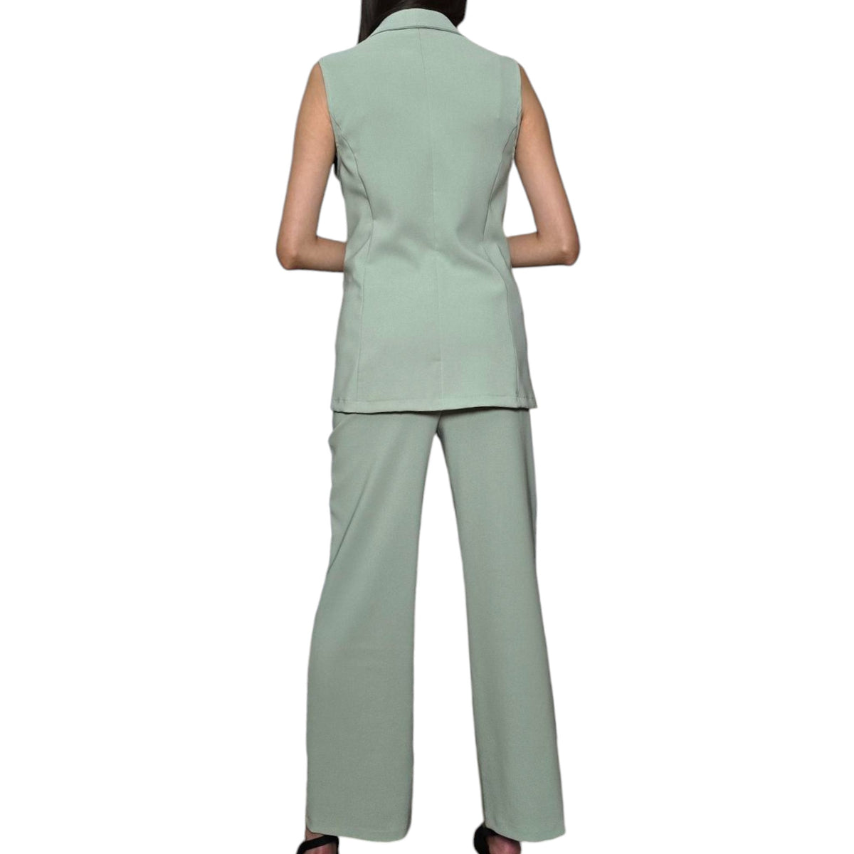 Women's Twill Sleeveless Long Blazer Vest and Wide Pants Combo