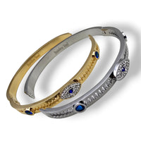 Unisex Stainless Steel White and Blue Cubic Zirconia Evil Eye Bangle Cuff Bracelet