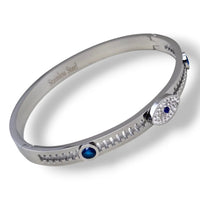 Unisex Stainless Steel White and Blue Cubic Zirconia Evil Eye Bangle Cuff Bracelet
