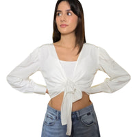 Women's Deep V-Neck Front and Back Tie Knot Long Sleeve Crop Top Blouse