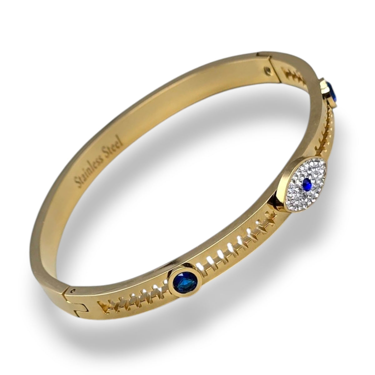 Unisex Stainless Steel White and Blue Cubic Zirconia Evil Eye Bangle Cuff Bracelet