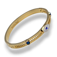 Unisex Stainless Steel White and Blue Cubic Zirconia Evil Eye Bangle Cuff Bracelet