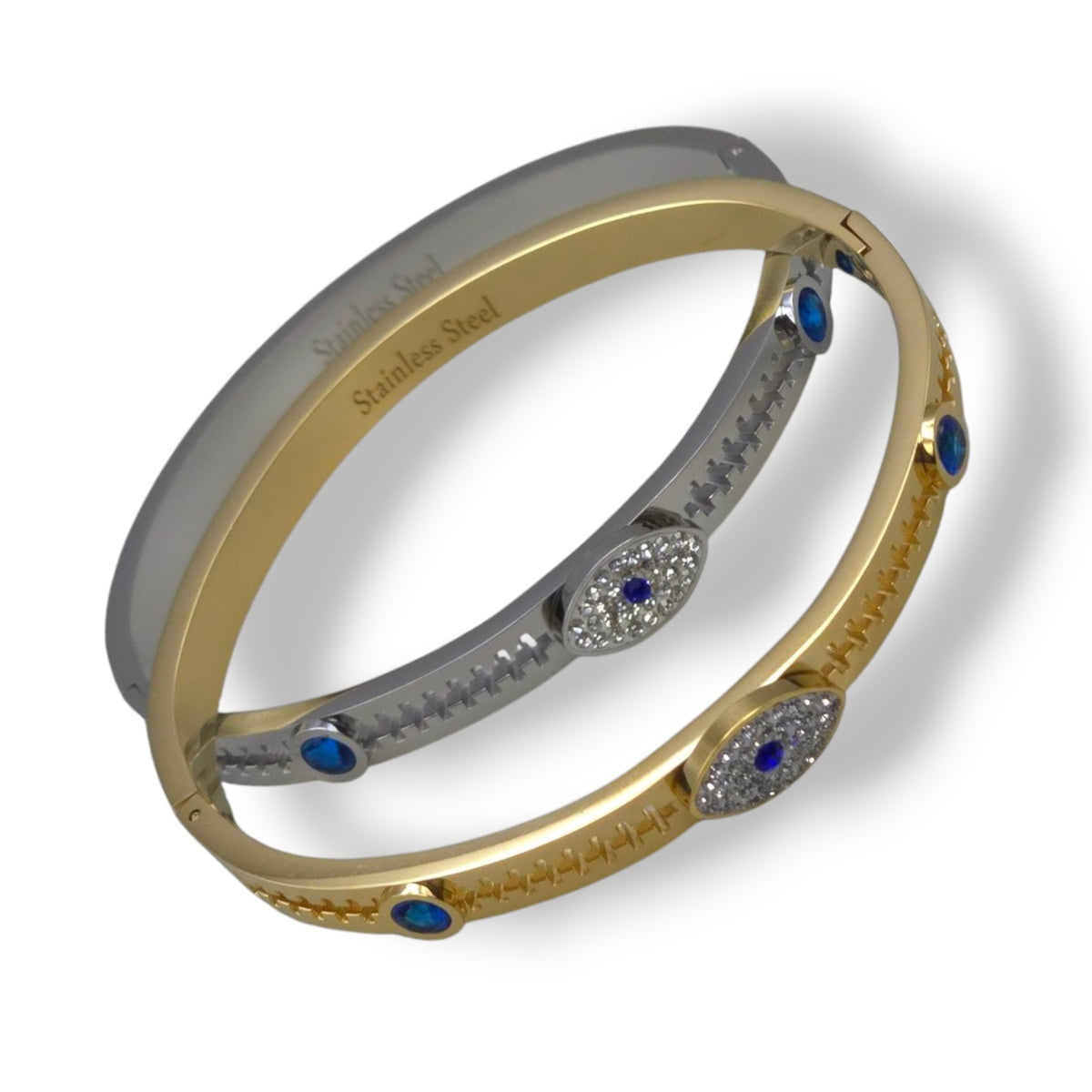Unisex Stainless Steel White and Blue Cubic Zirconia Evil Eye Bangle Cuff Bracelet