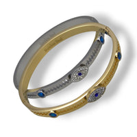Unisex Stainless Steel White and Blue Cubic Zirconia Evil Eye Bangle Cuff Bracelet