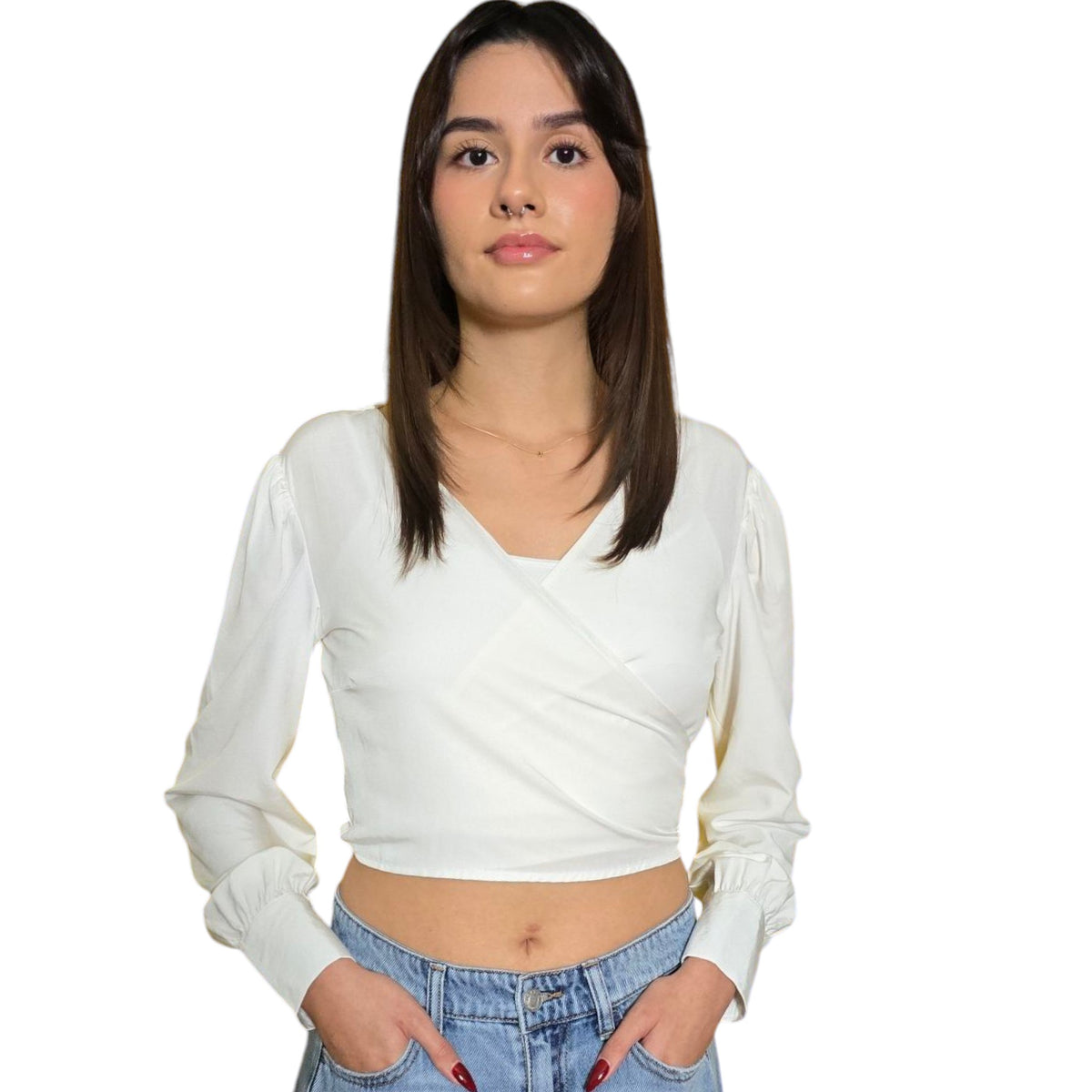 Women's Deep V-Neck Front and Back Tie Knot Long Sleeve Crop Top Blouse