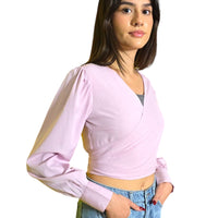 Women's Deep V-Neck Front and Back Tie Knot Long Sleeve Crop Top Blouse