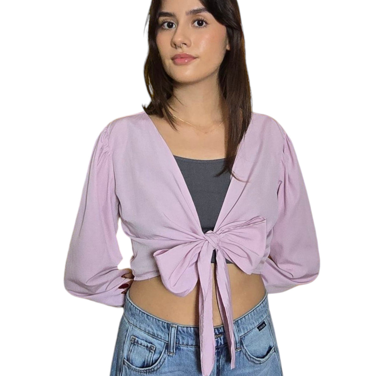 Women's Deep V-Neck Front and Back Tie Knot Long Sleeve Crop Top Blouse