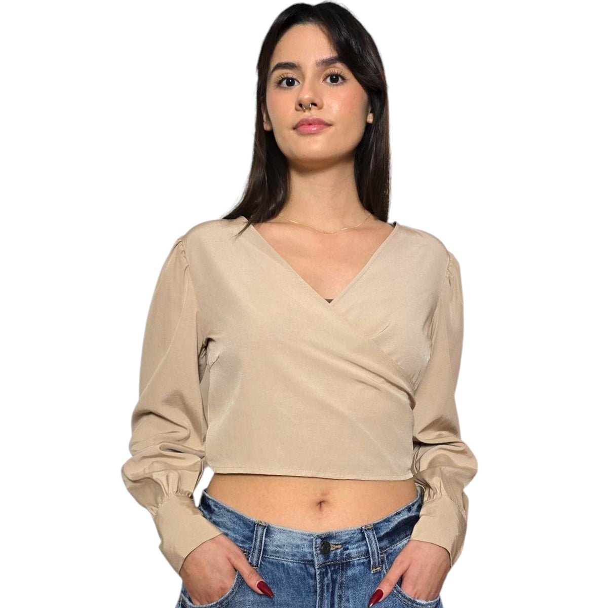 Women's Deep V-Neck Front and Back Tie Knot Long Sleeve Crop Top Blouse