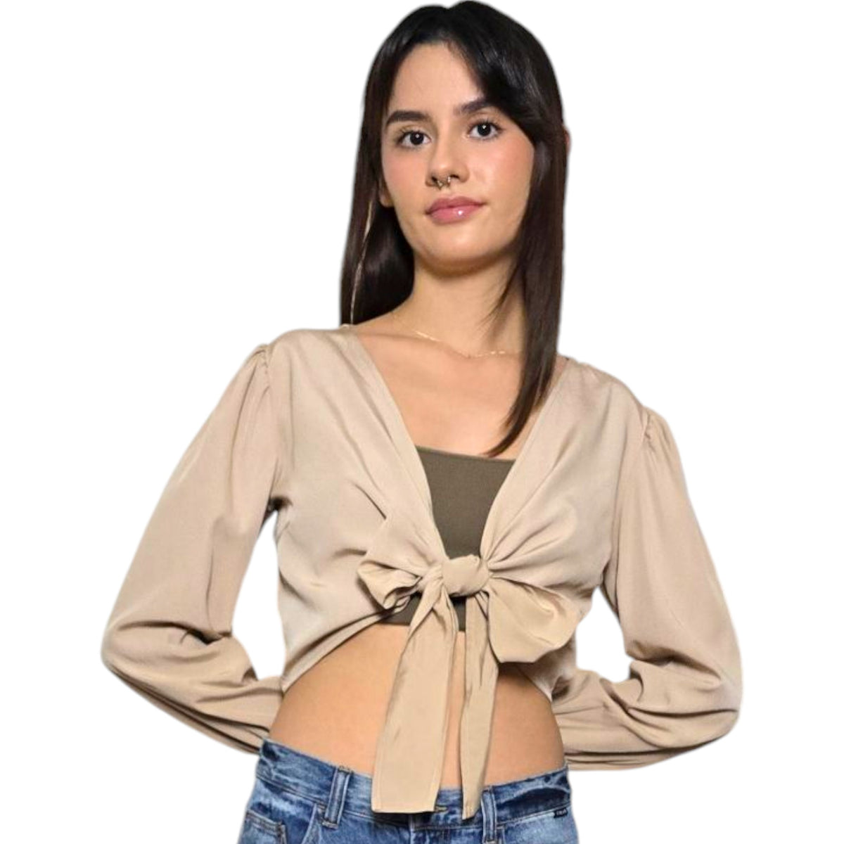 Women's Deep V-Neck Front and Back Tie Knot Long Sleeve Crop Top Blouse