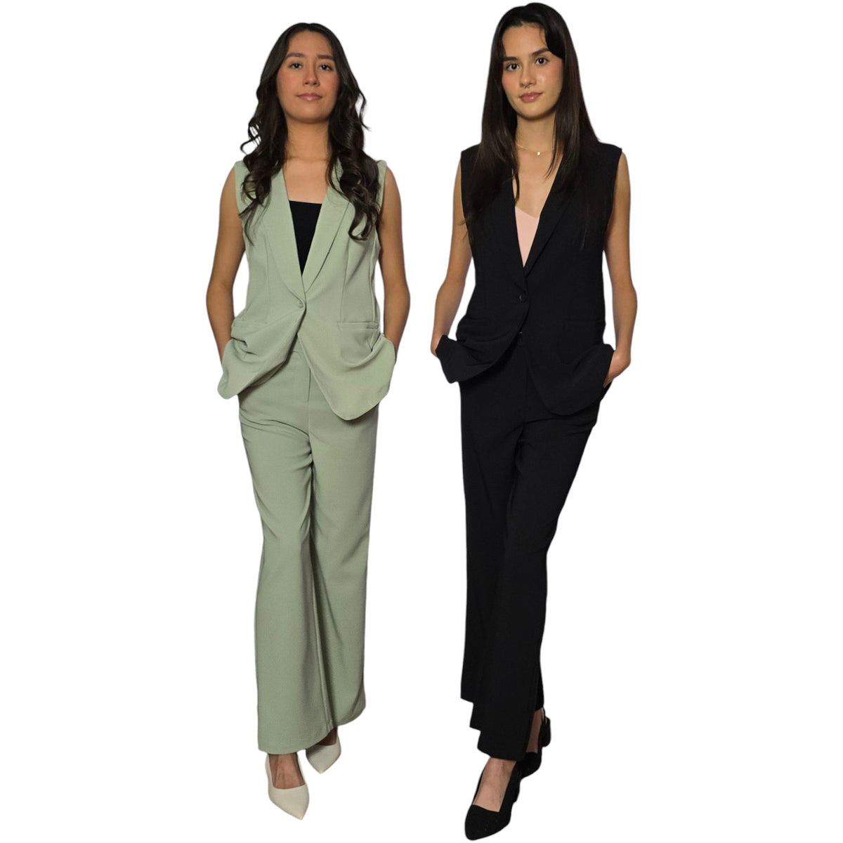 Women's Twill Sleeveless Long Blazer Vest and Wide Pants Combo