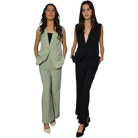 Women's Twill Sleeveless Long Blazer Vest and Wide Pants Combo